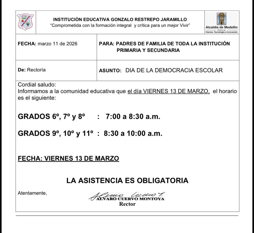 Dia Democracia Escolar - Marzo 13
Horario Bachillerato